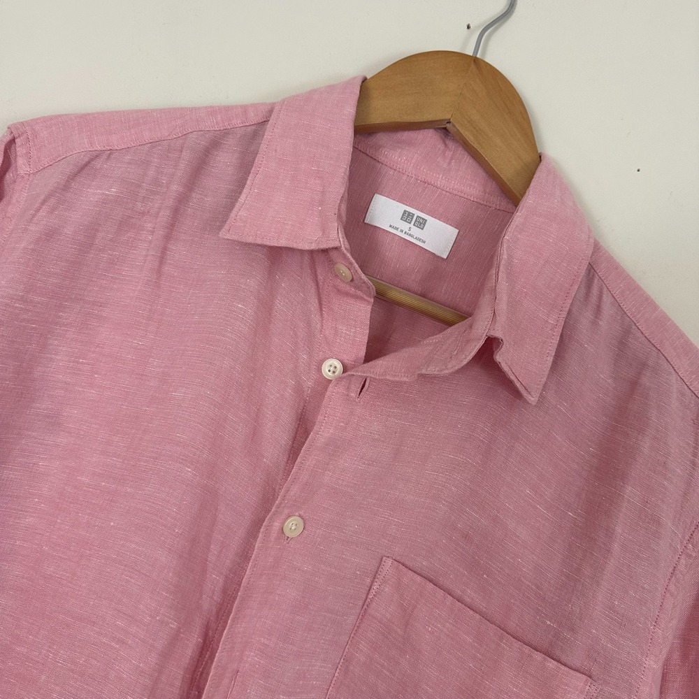 Uniqlo 100% Linen Shirt Pink Pocket Long Sleeve Button Up Casual Wear Mens S